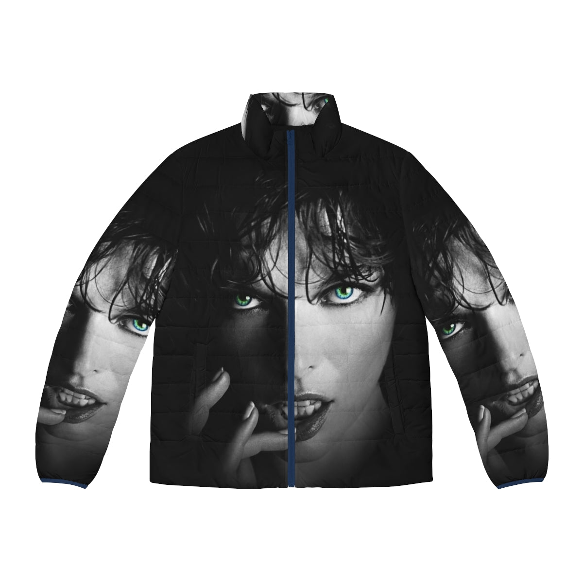 Milla Jovovich wearing a stylish puffer jacket inspired by the Resident Evil movies