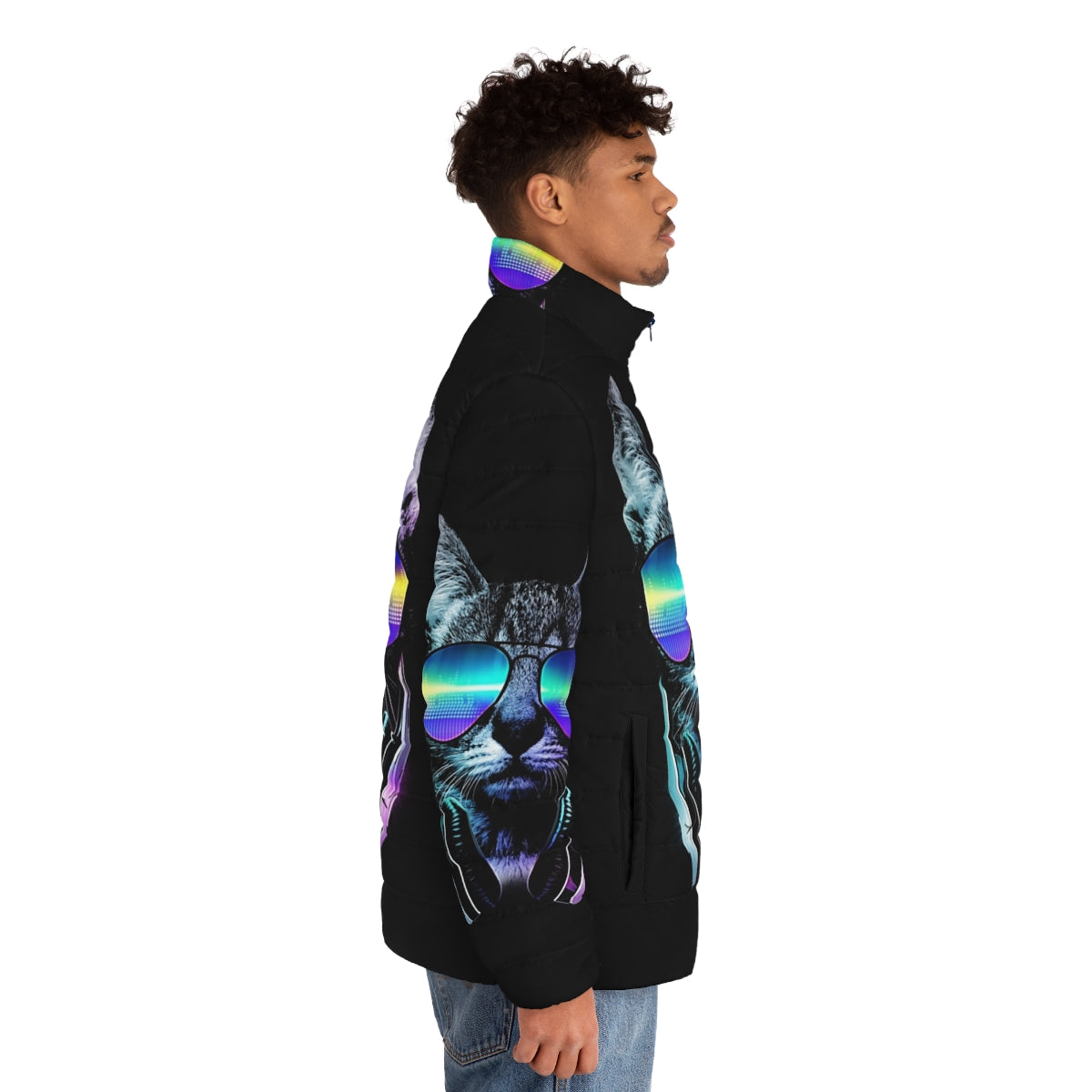 Music Lover Cat Puffer Jacket with Neon Equalizer Graphics and City Skyline - men side right