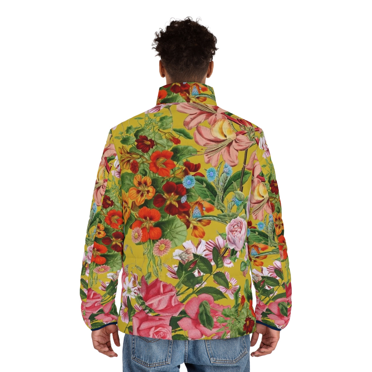 Floral pattern on yellow background puffer jacket - men back