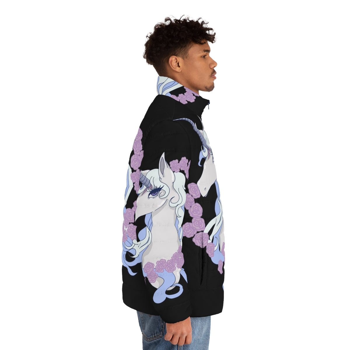 The Last Unicorn Lady Amalthea Puffer Jacket featuring the iconic fantasy movie character - men side right