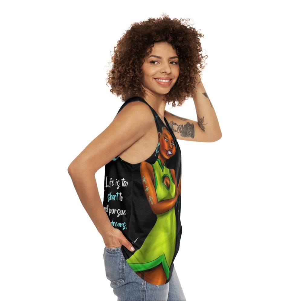 Inspirational unisex tank top with "A Life Of Dreams" quote - women side