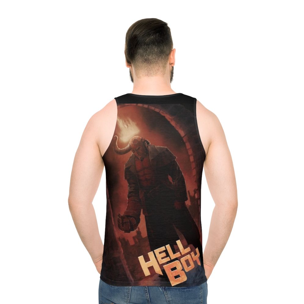 Hellboy fan art graphic on unisex tank top - men back