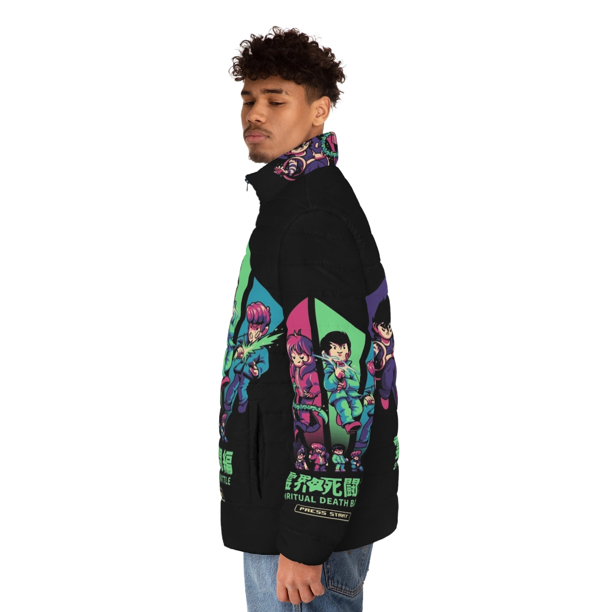 Spiritual Battle Puffer Jacket with anime-inspired 90s pixelart design - men side left