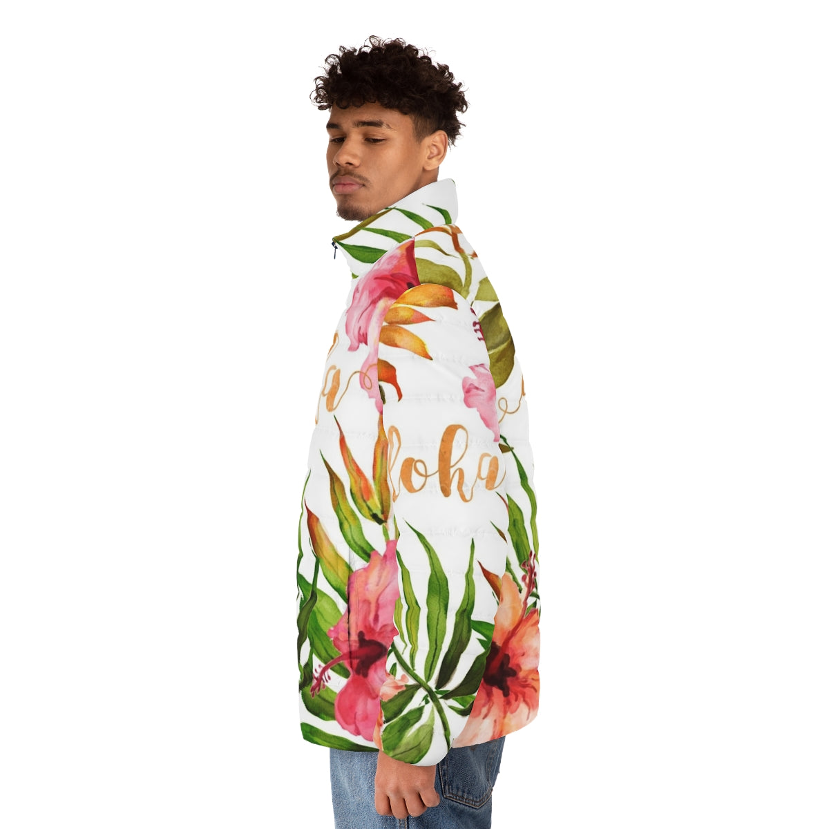 Tropical watercolor floral patterned puffer jacket - men side left