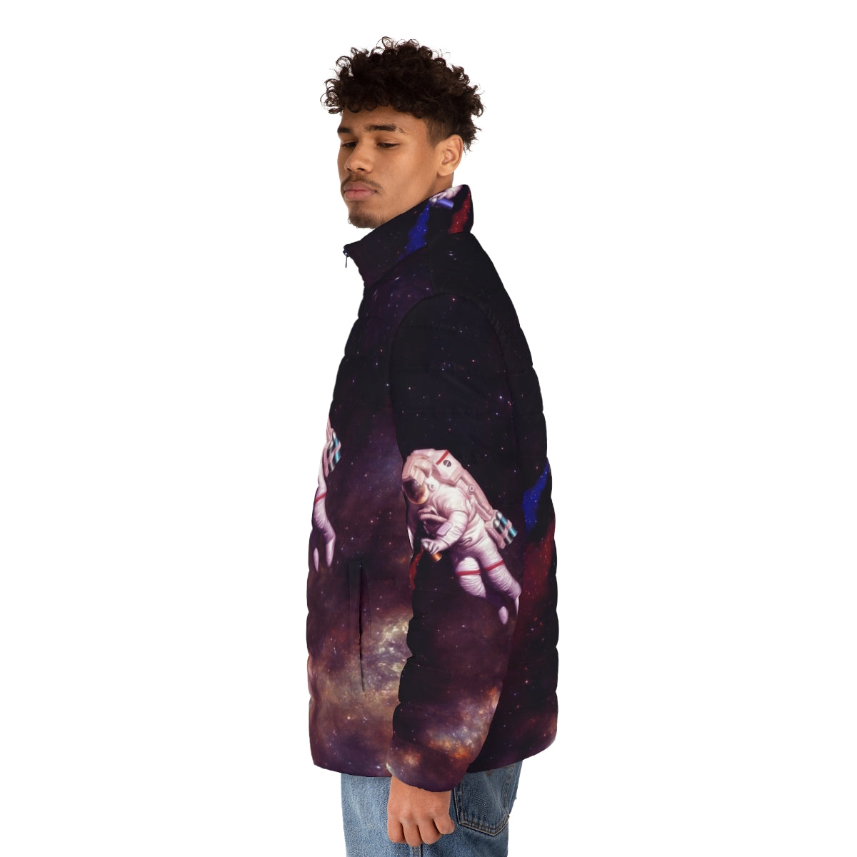 Colorful puffer jacket featuring an astronaut artist design with shooting stars, galaxies, and space elements - men side left