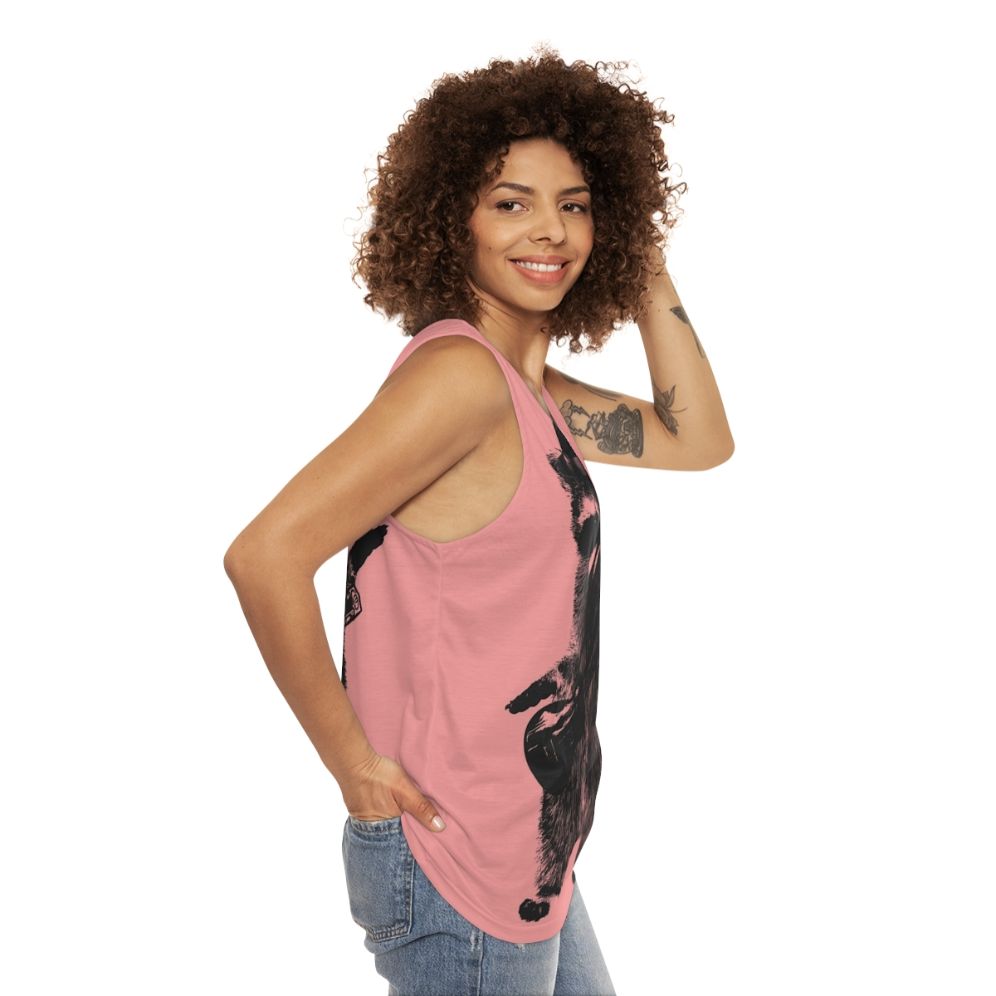 Raccoon wielding ukulele graphic on unisex tank top - women side