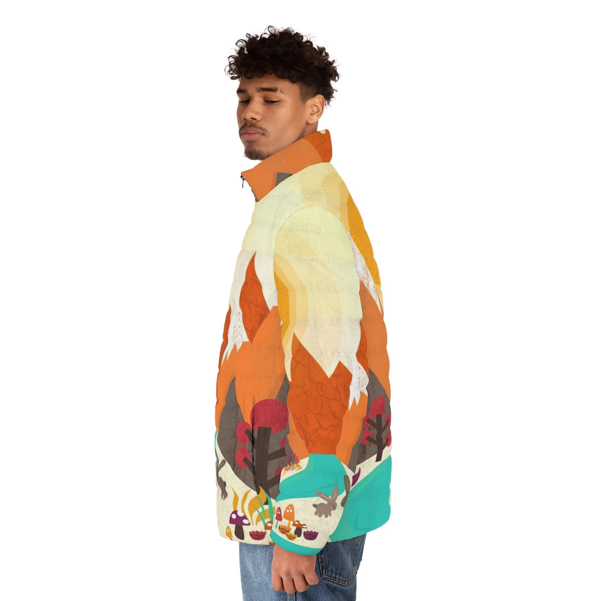 Colorful puffer jacket with nature and landscape elements like trees, flowers, and a rabbit - men side left