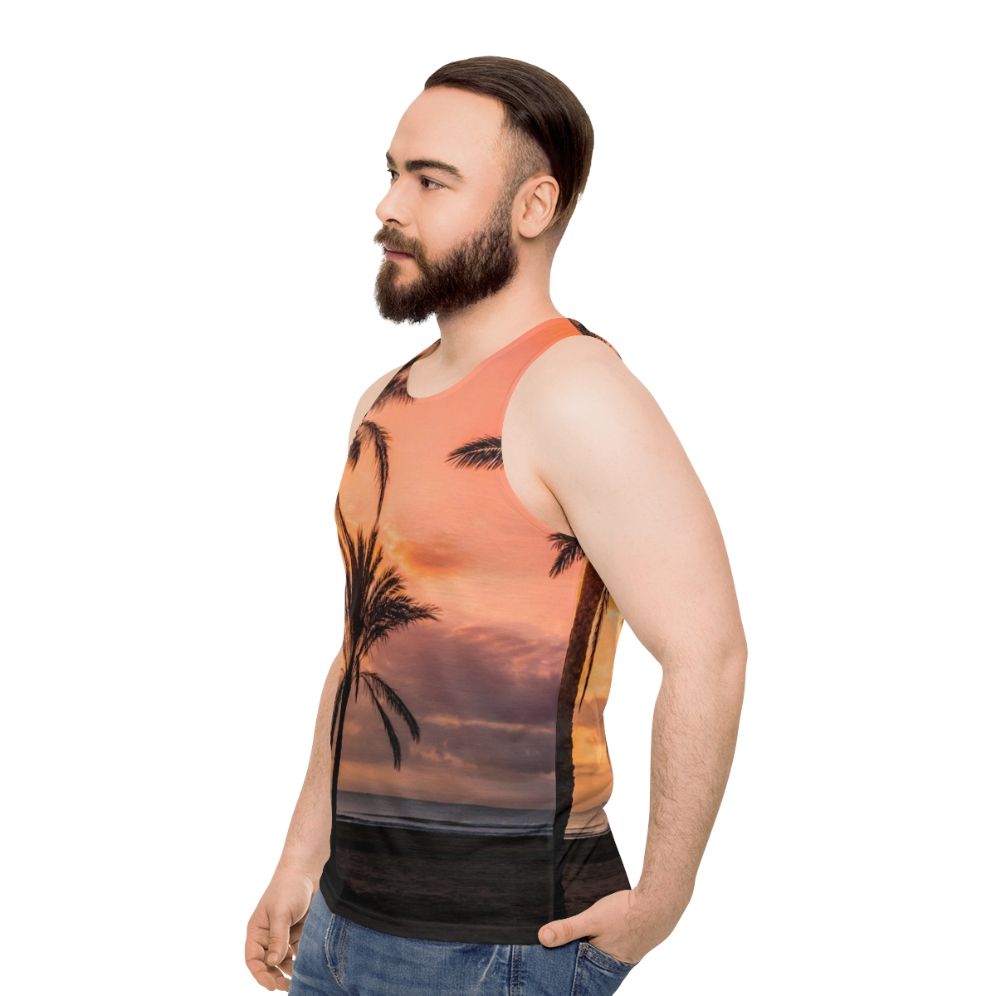 Unisex tank top with a tropical sunrise over palm trees design - men side