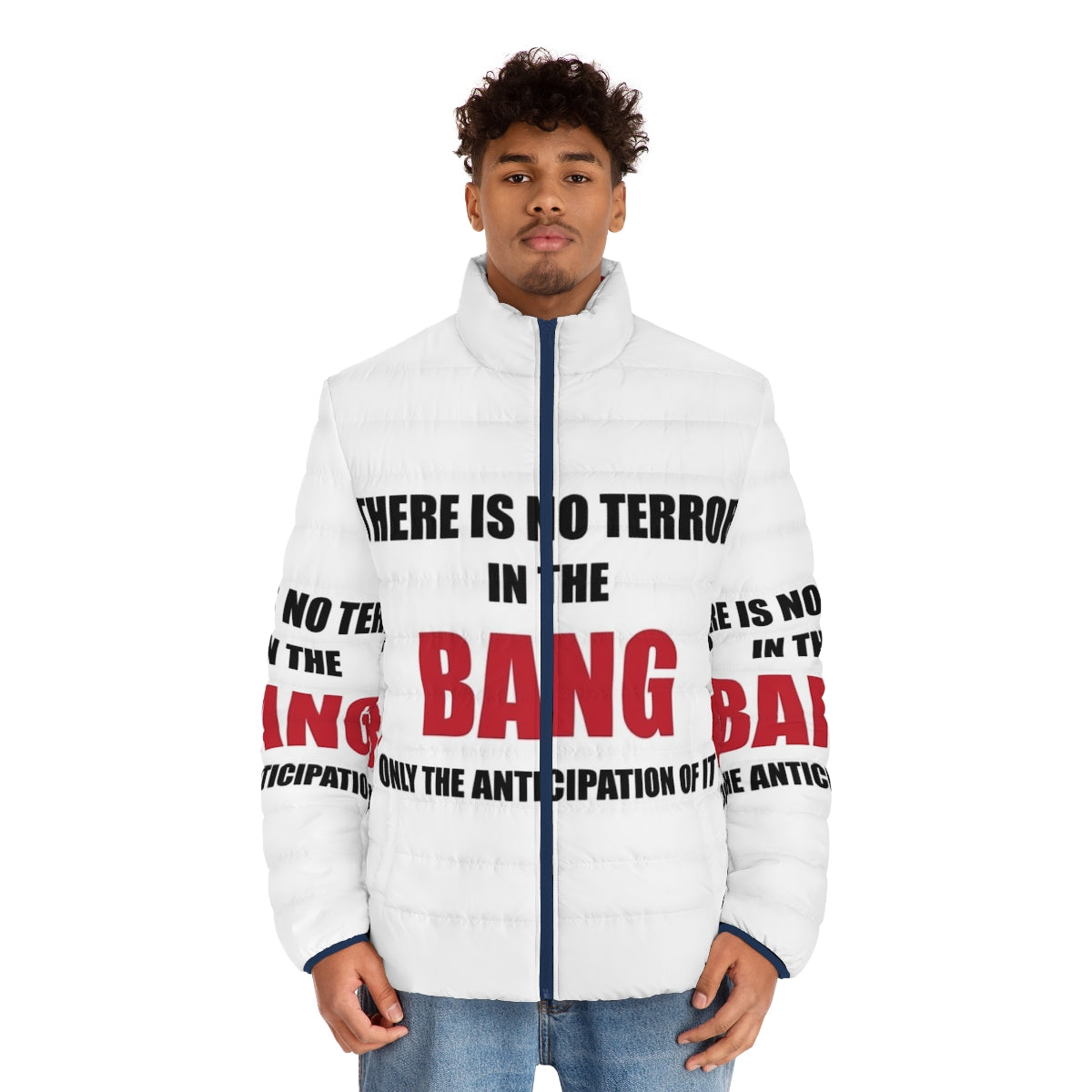 Alfred Hitchcock quote puffer jacket with iconic horror movie imagery - men front