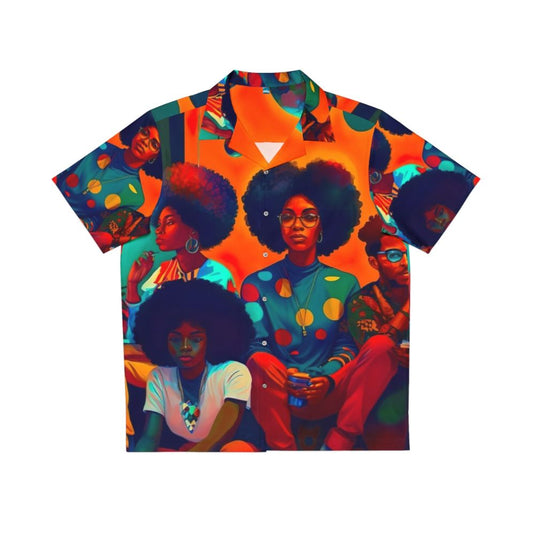 Afrofuturistic Hawaiian shirt with vibrant rainbow colors and psychedelic ai-generated art