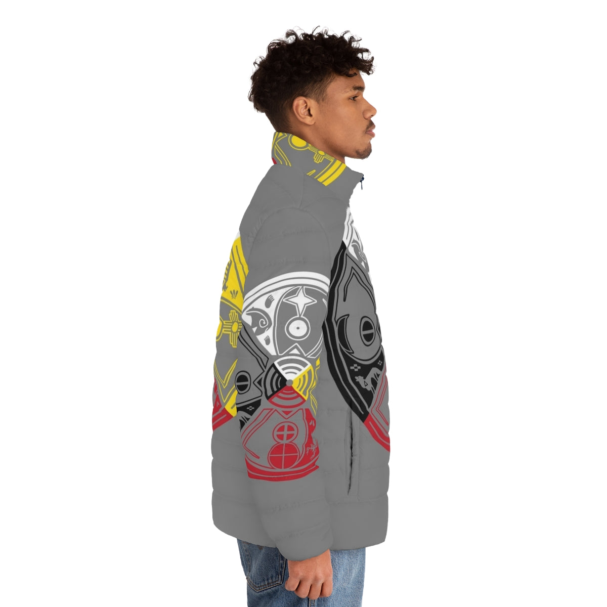 Sacred Hoop Medicine Wheel Puffer Jacket featuring Native American symbols and spiritual imagery - men side right