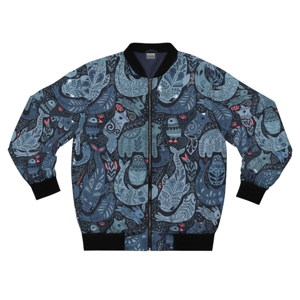 Bomber jacket with arctic animal designs including narwhal, polar bear, and seal