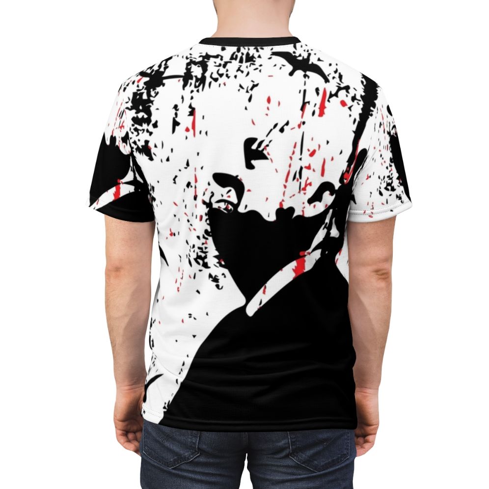 Vintage-style t-shirt design featuring Alfred Hitchcock, the master of suspense - men back