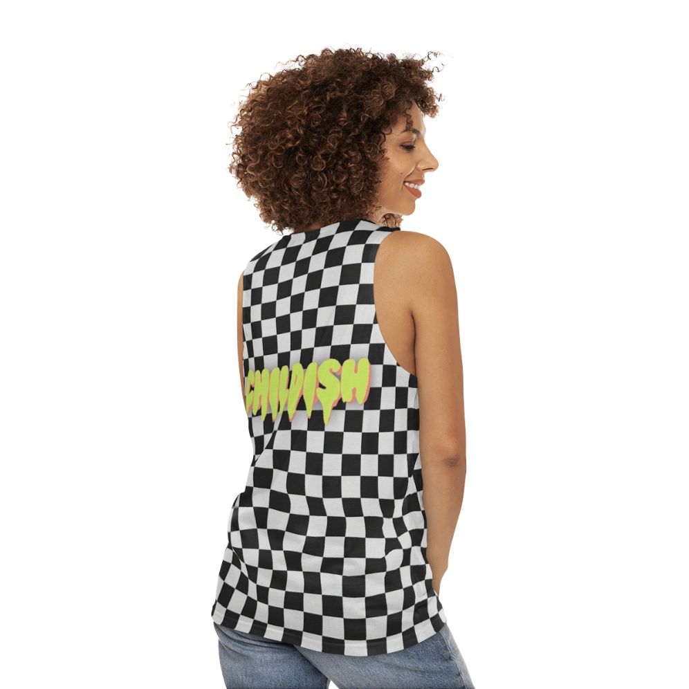 Unisex tank top with Tgfbro Childish B&W graphic design - women back