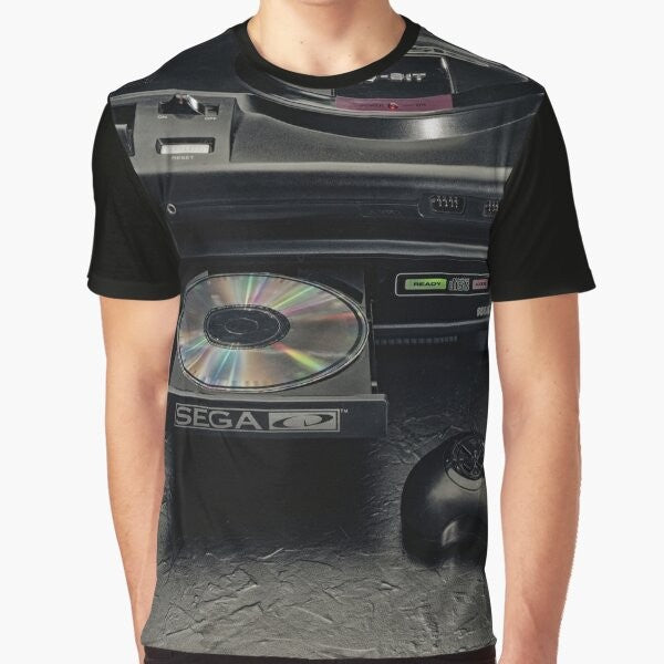 Retro gaming graphic t-shirt featuring a vintage video game controller and pixel art design