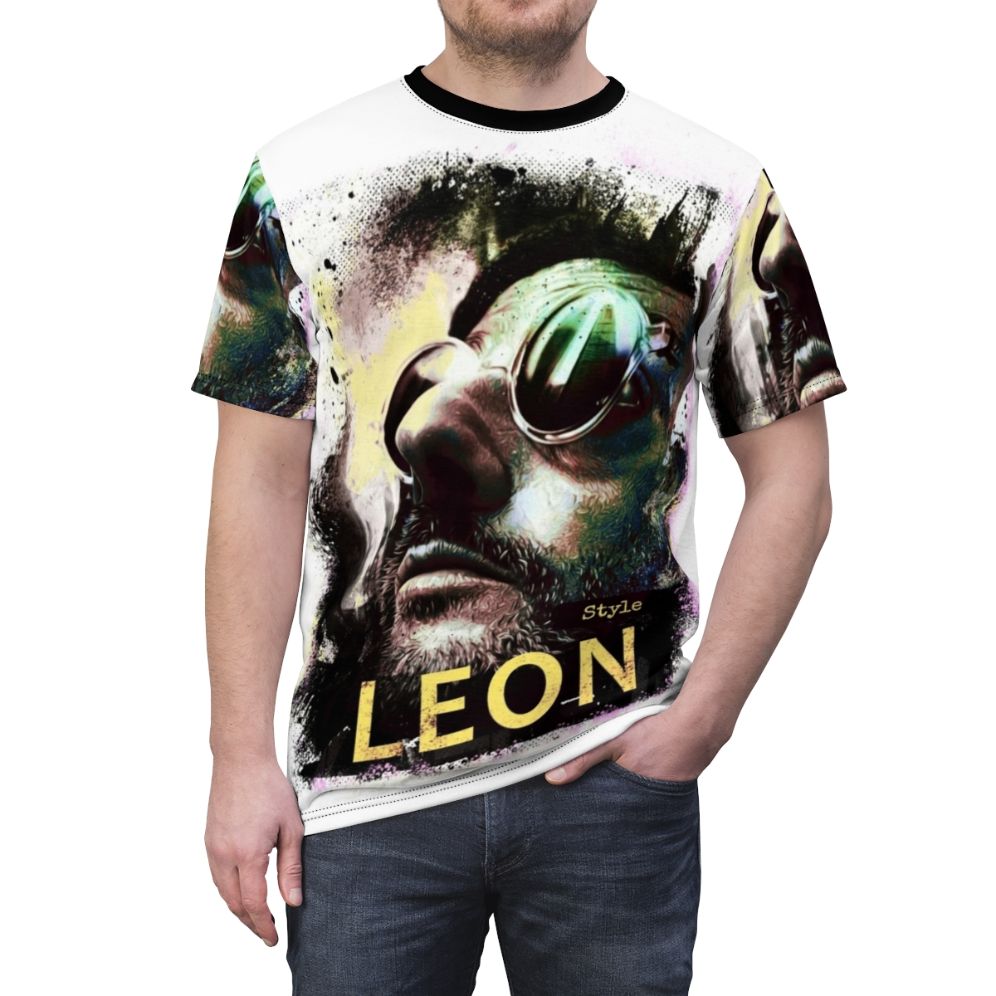 Retro-inspired t-shirt featuring characters from the classic 1994 French action film "Leon the Professional" - men front