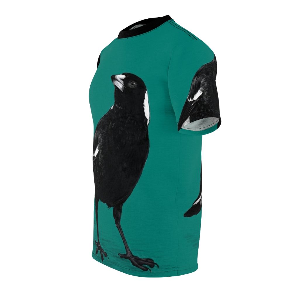 Stylish t-shirt featuring a striking black and white Australian magpie bird design - men left