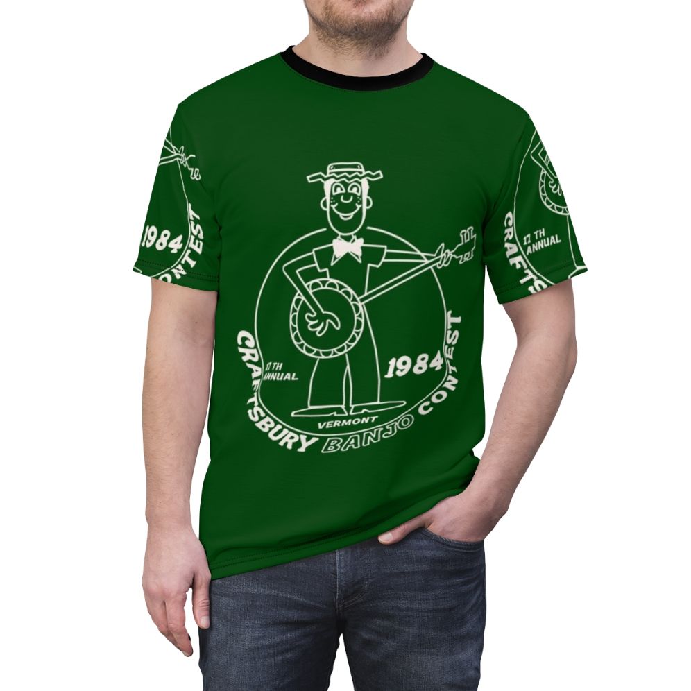 Retro 1980s style t-shirt with a banjo player and horror theme - men front