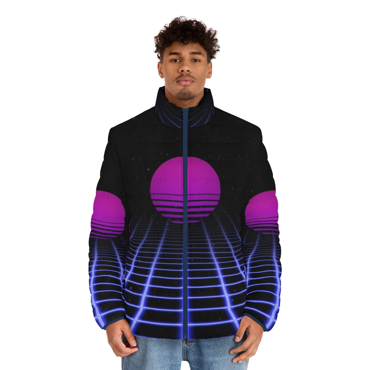 80s digital sunset aesthetic puffer jacket with glowing grid design - men front