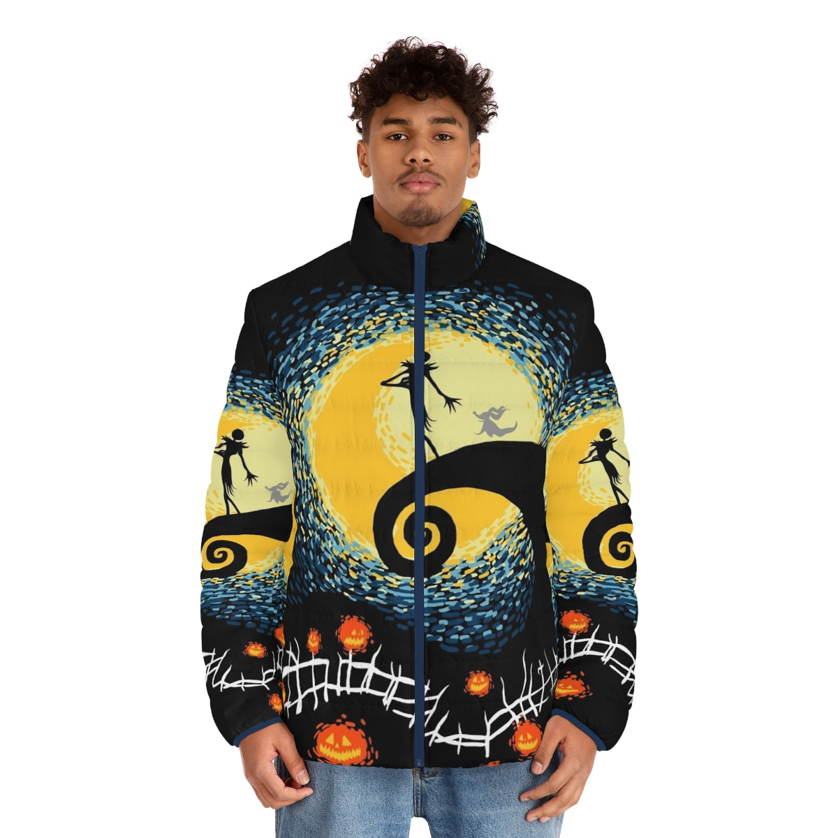 Starry Night Puffer Jacket featuring Jack Skellington and Sally from Nightmare Before Christmas - men front