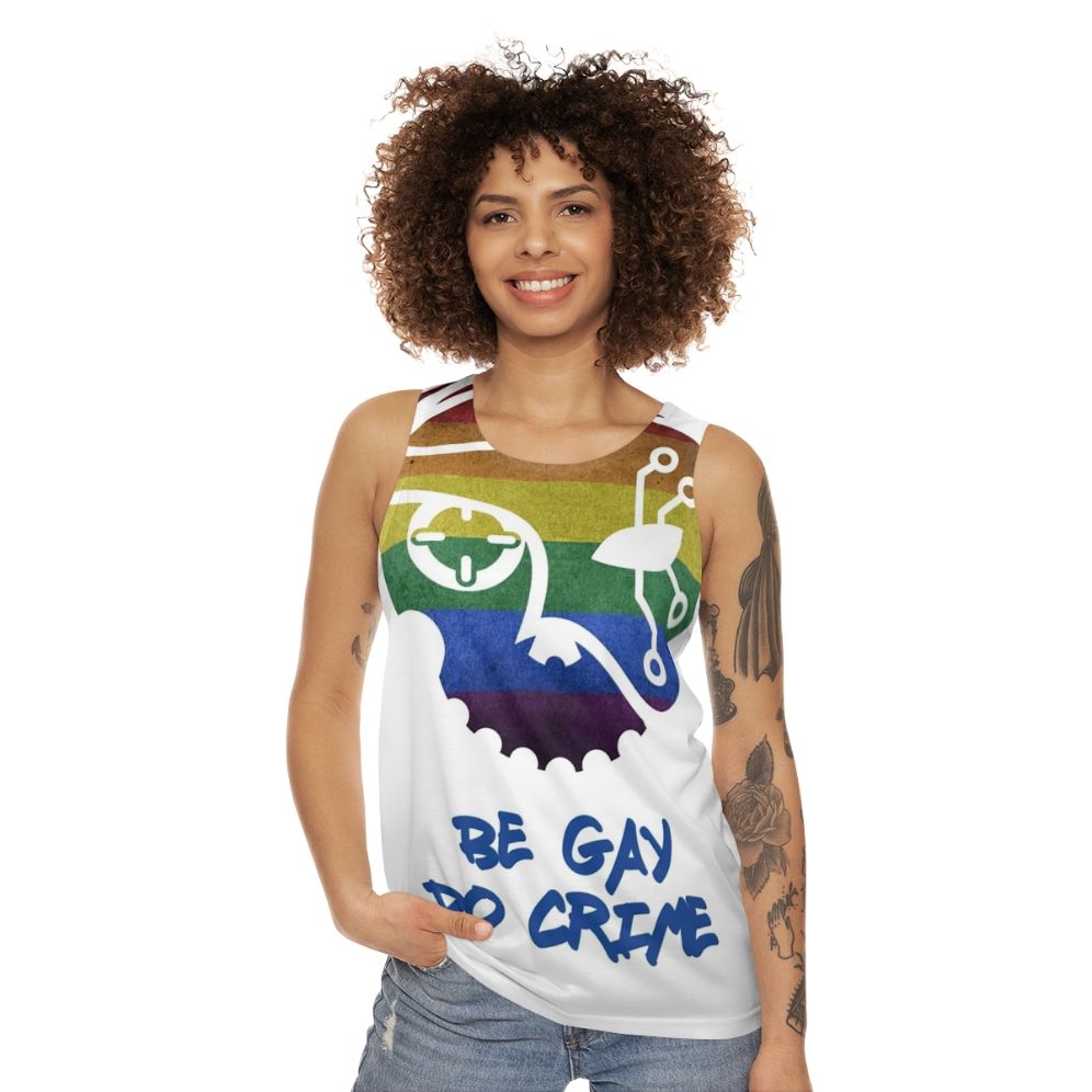 Unisex tank top with "Be Gay Do Crime" graphic - women