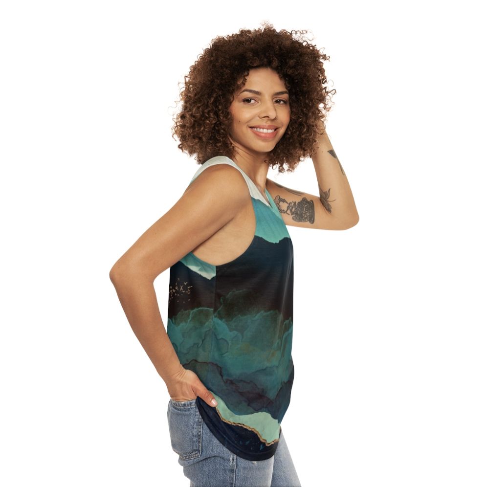 Unisex watercolor tank top with mountain landscape design - women side