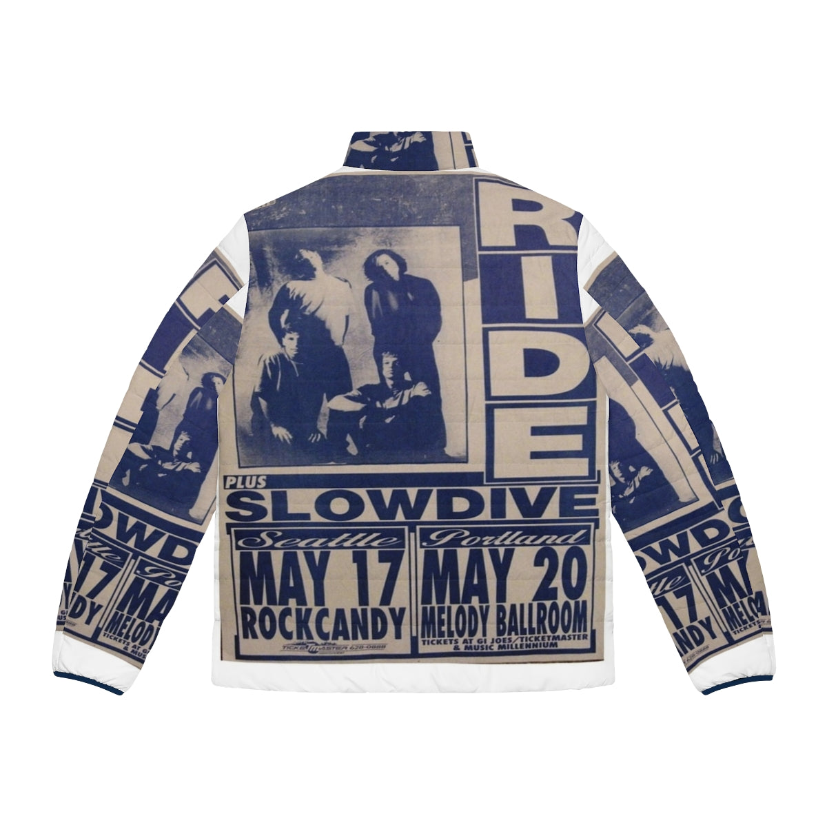 Shoegaze puffer jacket featuring Ride and Slowdive tour poster artwork - Back