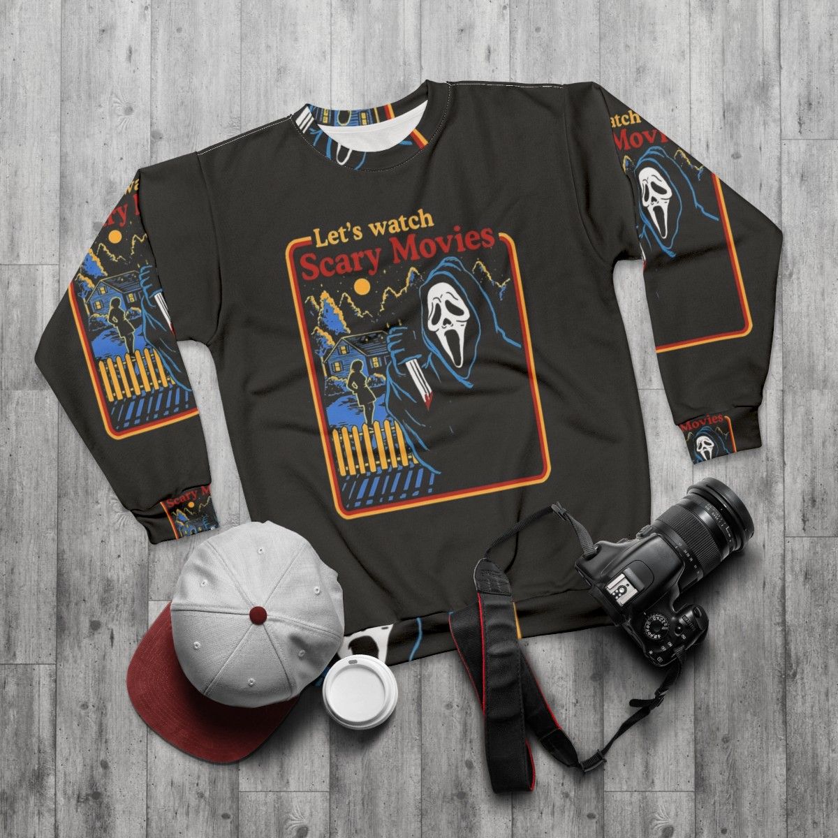 Scary movies scream horror sweatshirt for horror movie fans - flat lay