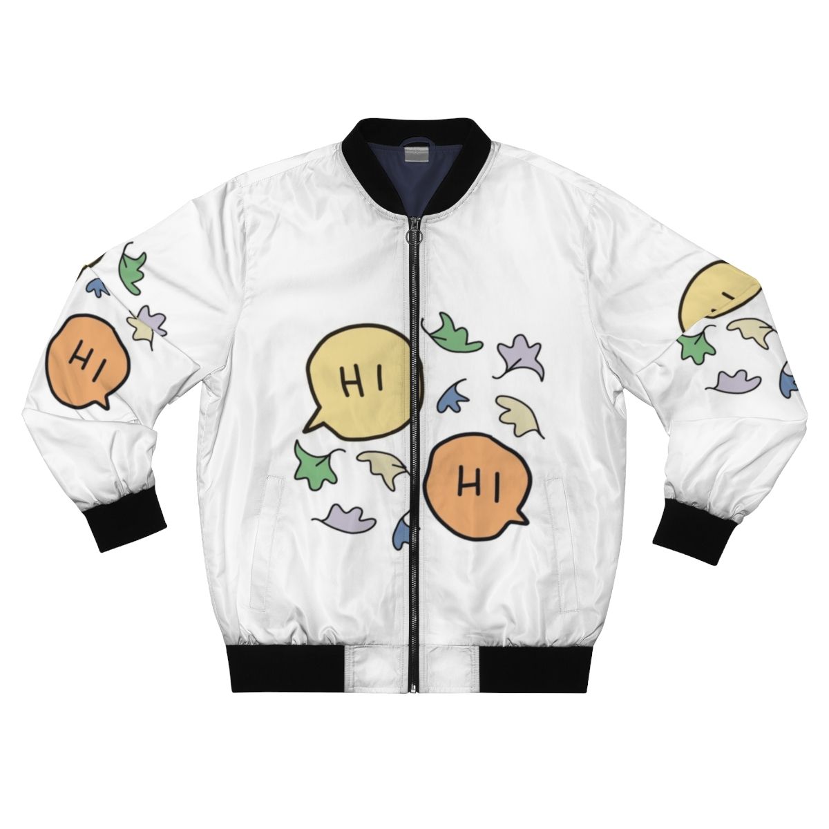 A pastel-colored bomber jacket with a Heartstopper graphic featuring leaves and characters from the series.