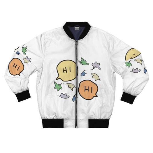 A pastel-colored bomber jacket with a Heartstopper graphic featuring leaves and characters from the series.