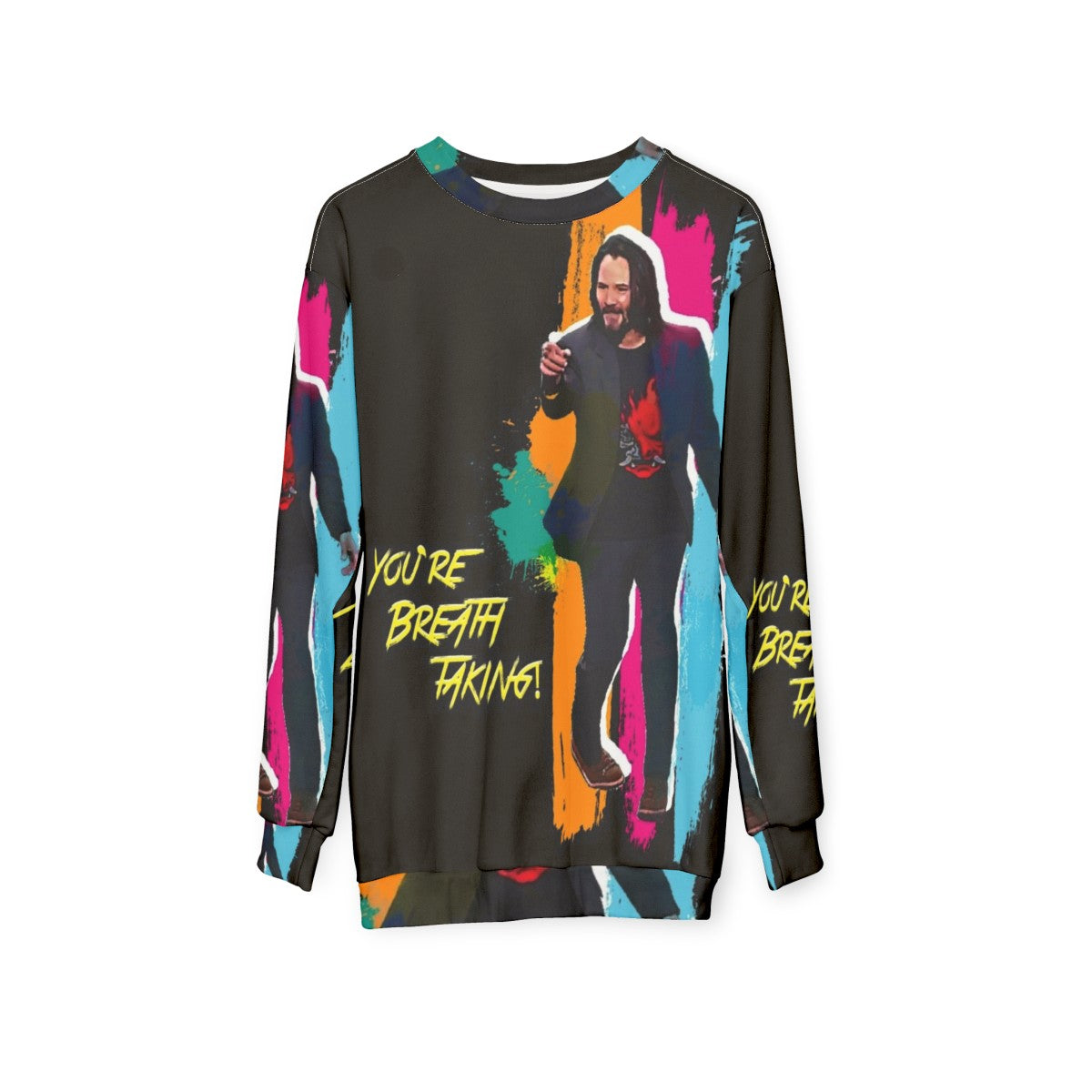 Keanu Reeves inspired "You're Breathtaking" cyberpunk sweatshirt in vivid rainbow colors - hanging