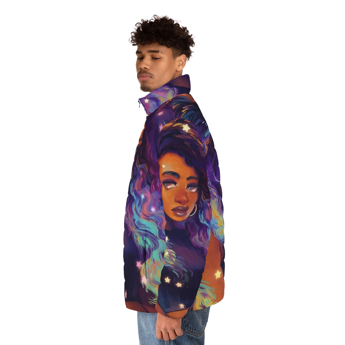 A black puffer jacket with a nebula and galaxy design, perfect for exploring the cosmos. - men side left