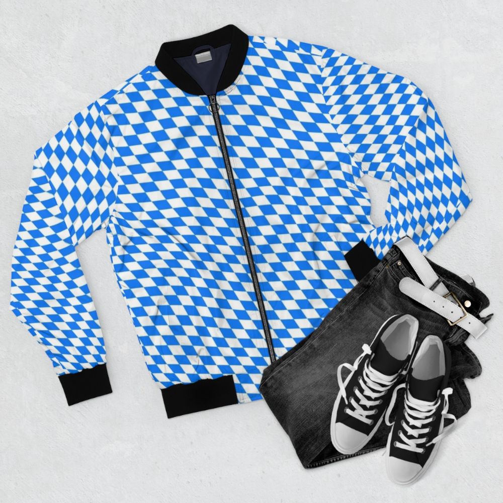 Bavarian-inspired blue and white diamond pattern bomber jacket - Flat lay