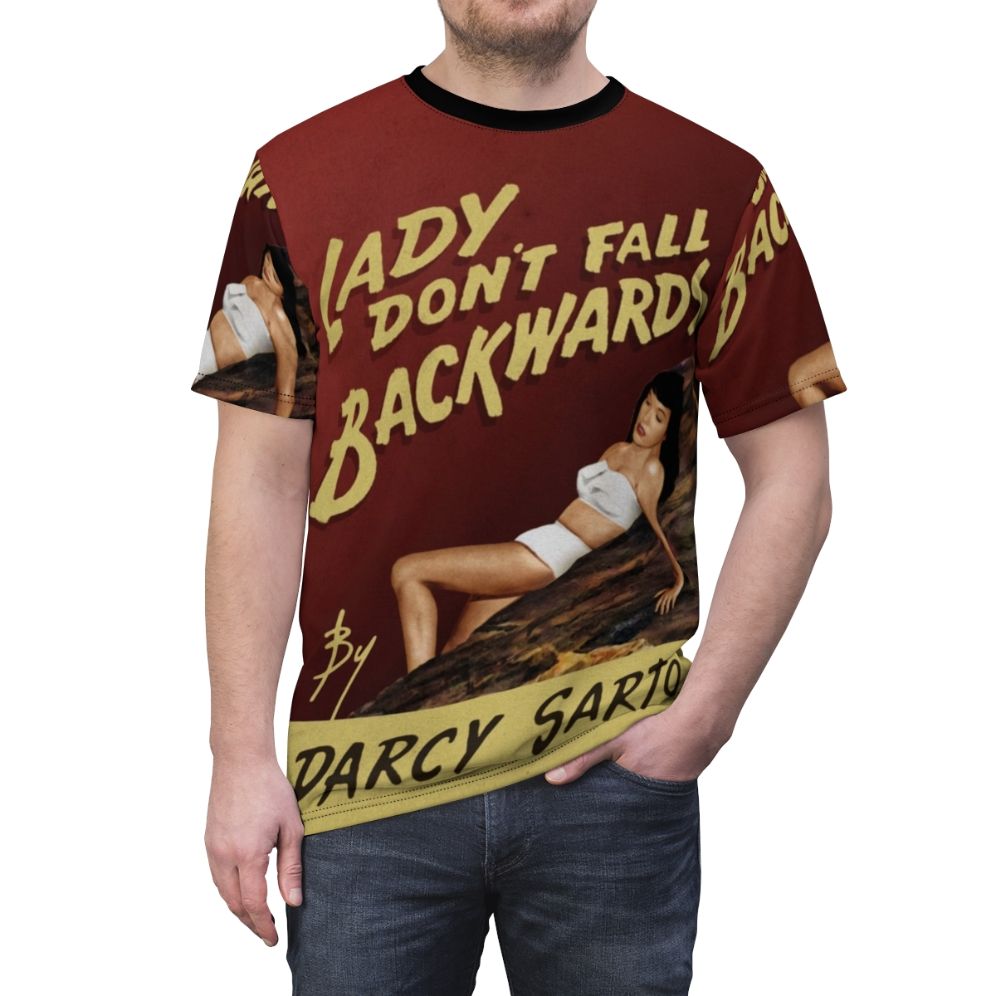 T-shirt design inspired by the classic British TV comedy series Hancock's Half Hour, featuring the "Lady Don't Fall Backwards" book cover. - men front