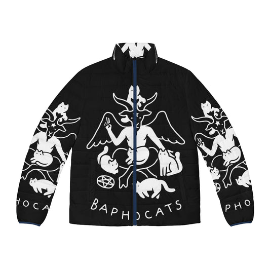 Baphomet-inspired puffer jacket with demonic, satanic, and metal-themed graphics