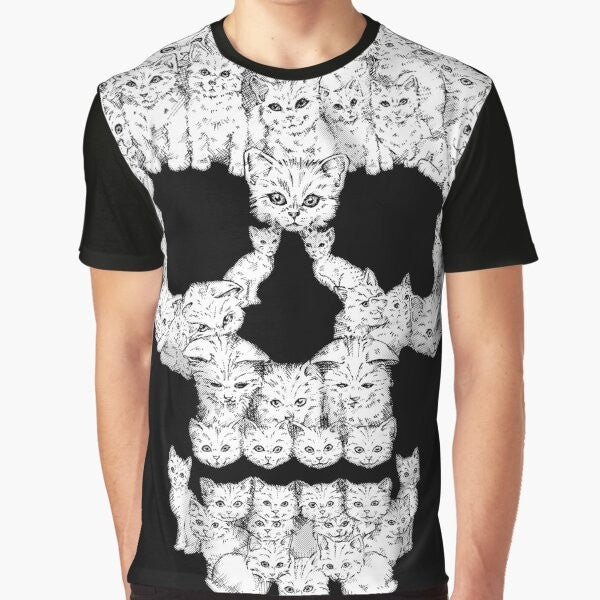 A graphic t-shirt featuring a tough-looking skull design with cute kittens.