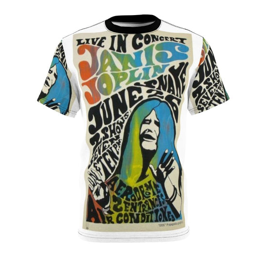 Vintage psychedelic concert poster inspired t-shirt featuring Janis Joplin, Creedence Clearwater Revival, Jimi Hendrix, and other 1960s and 1970s music icons.