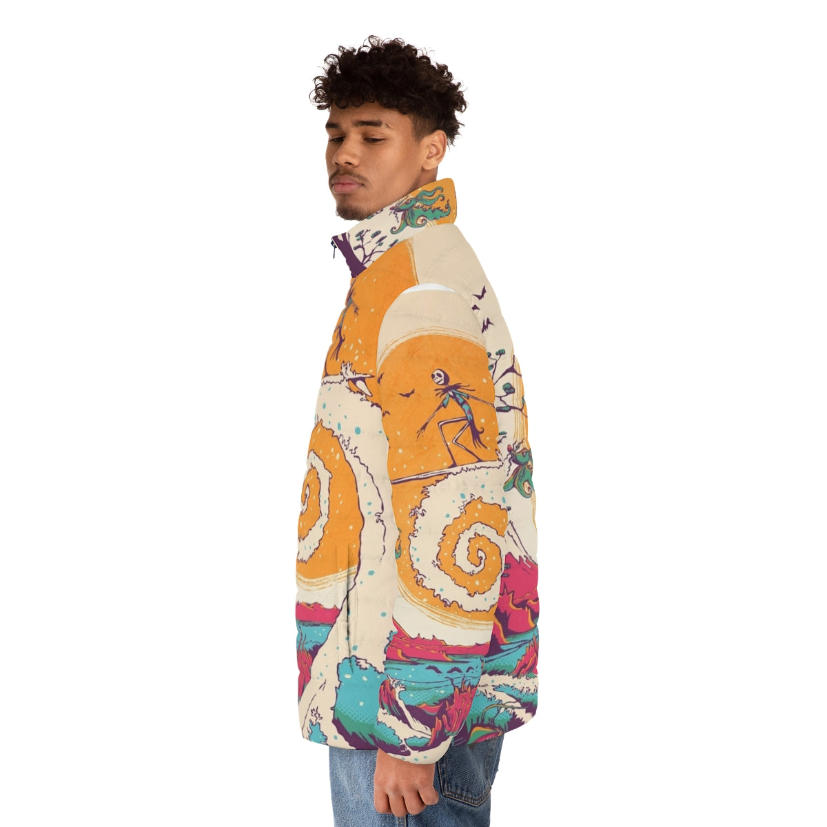 A cozy puffer jacket featuring characters and imagery from Tim Burton's "The Nightmare Before Christmas" with a surfing theme. - men side left