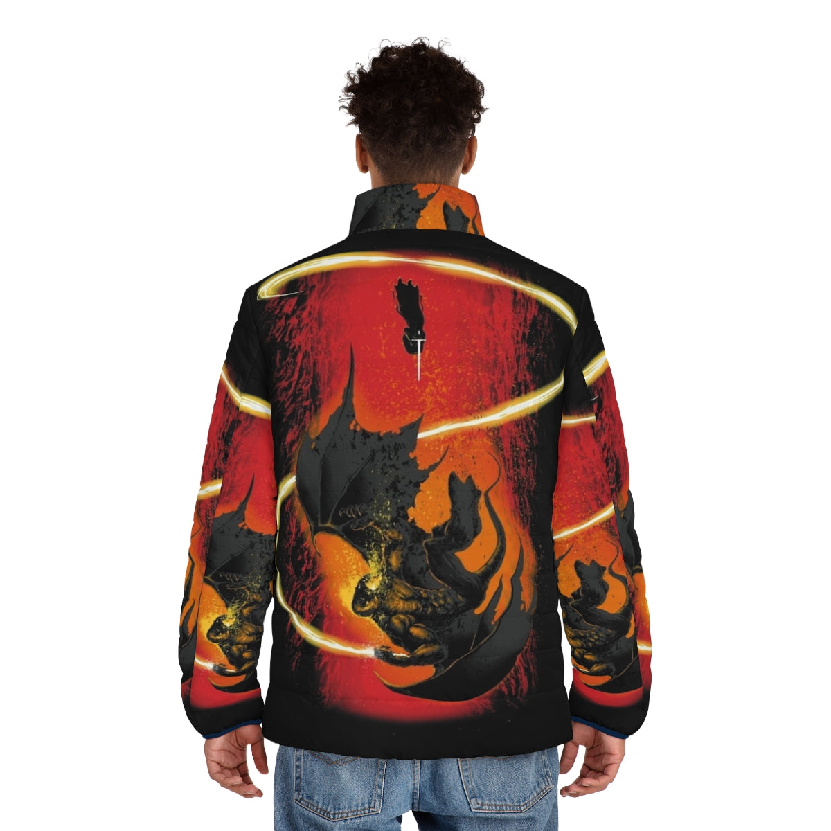 A cozy puffer jacket inspired by the wizardry of Gandalf, featuring a striking demon design. - men back