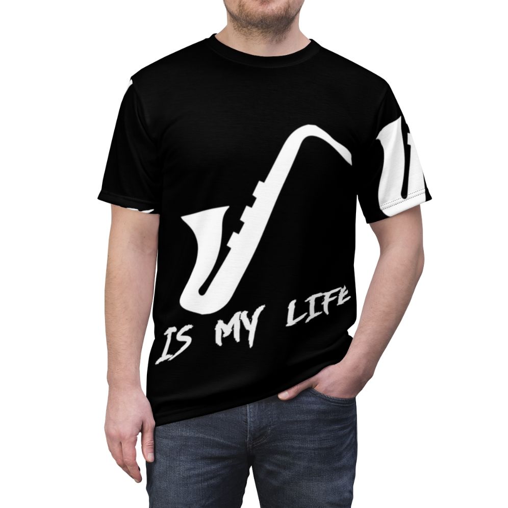 Saxophone AOP T-shirt featuring a saxophone design for saxophone players and music enthusiasts - men front