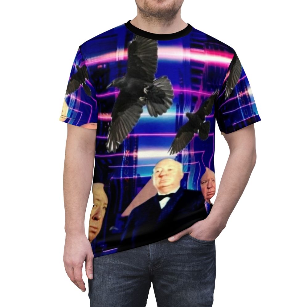 Stylish t-shirt featuring Alfred Hitchcock inspired fan art design - men front