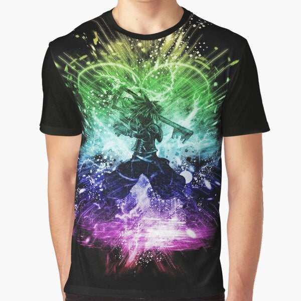 Kingdom Hearts Sora Keyblade Graphic T-Shirt with a colorful rainbow-inspired design