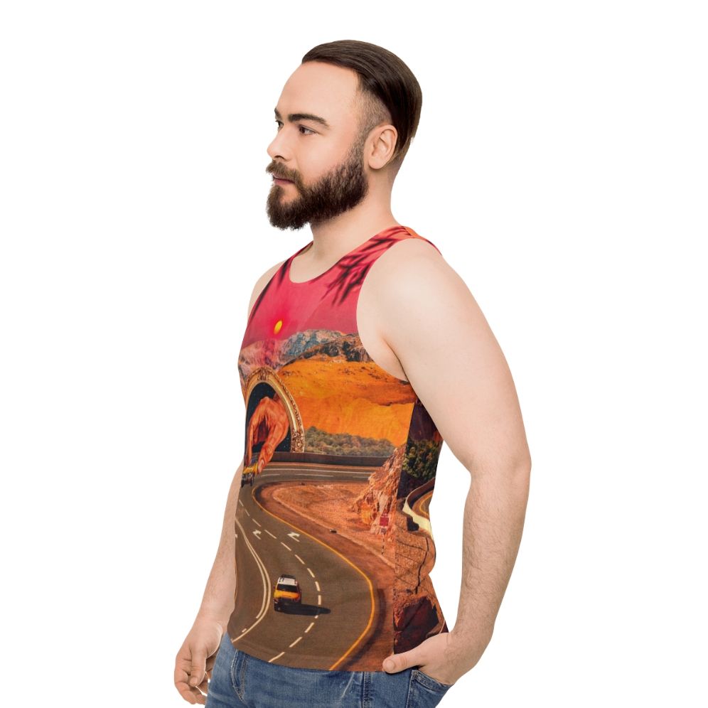 Colorful surreal unisex tank top with retro futuristic design featuring cars and space elements - men side