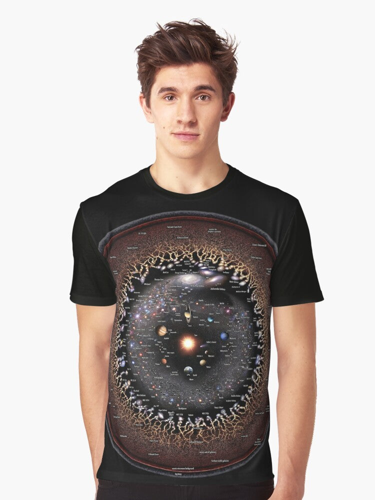 Graphic T-Shirt featuring an annotated logarithmic illustration of the observable universe - Men