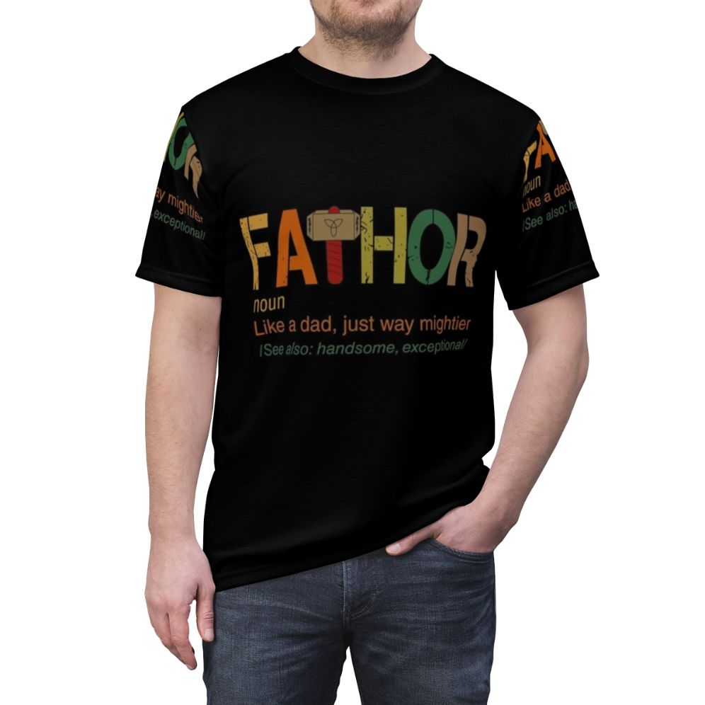 Superhero dad t-shirt with "Fa Thor Like a Dad, Just Way Mightier" design - men front