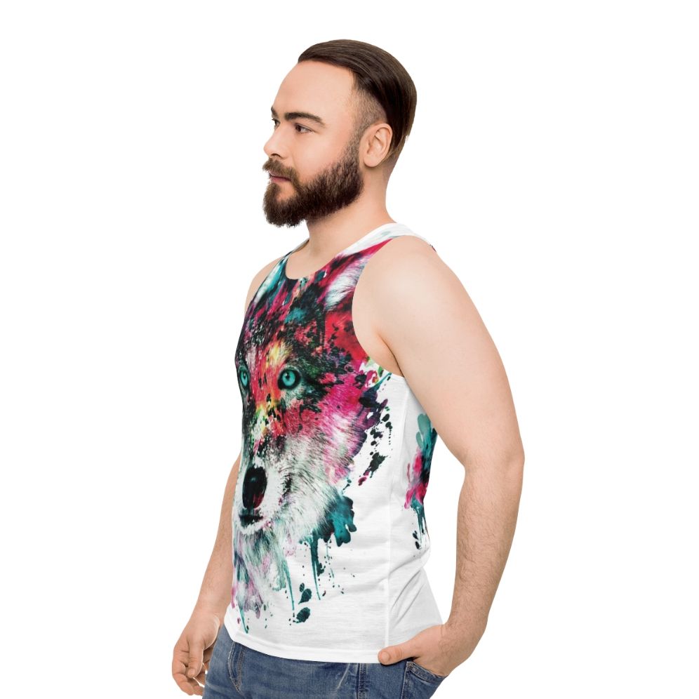 Vibrant wolf tank top with abstract watercolor art - men side