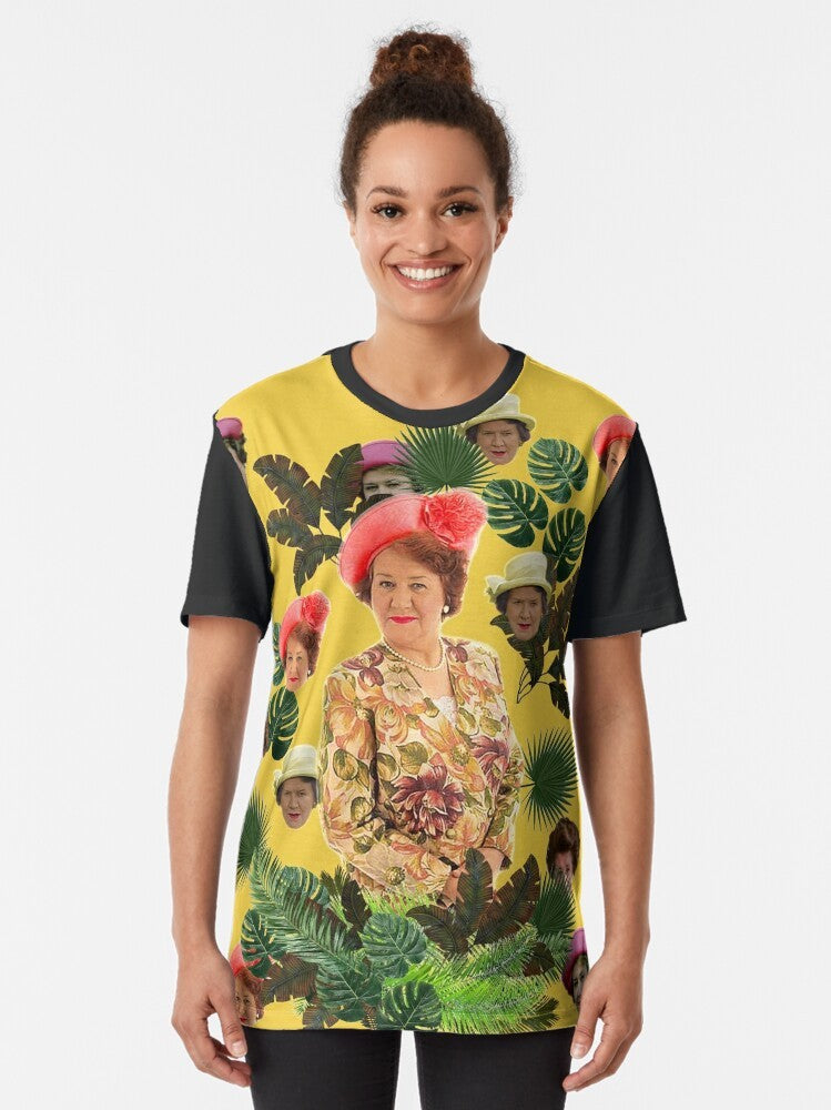 A graphic t-shirt featuring the iconic character Hyacinth Bucket from the British TV series "Keeping Up Appearances". - Women