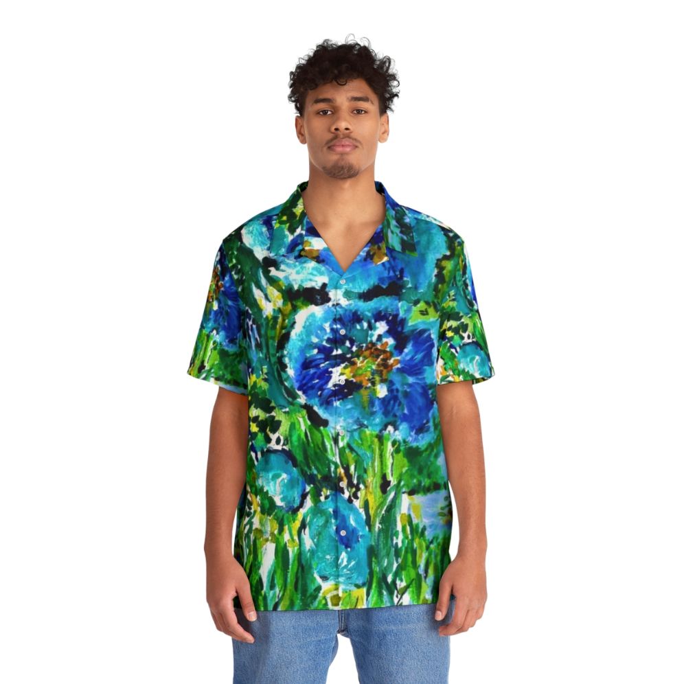 Blue poppies Hawaiian shirt with tropical floral print - People Front