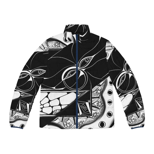 Hidden music puffer jacket with zentangle-inspired black and white design