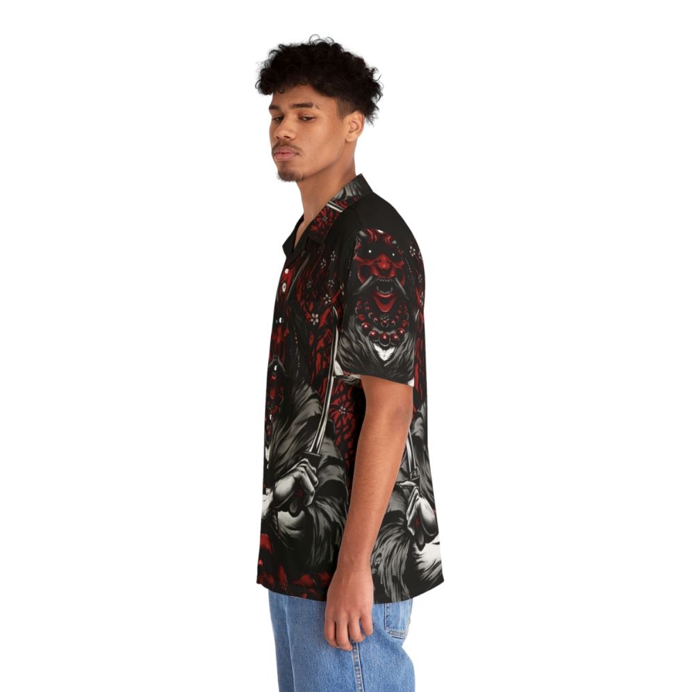 Oni Hawaiian Shirt with Demon, Skull, and Sakura Floral Design - People Left